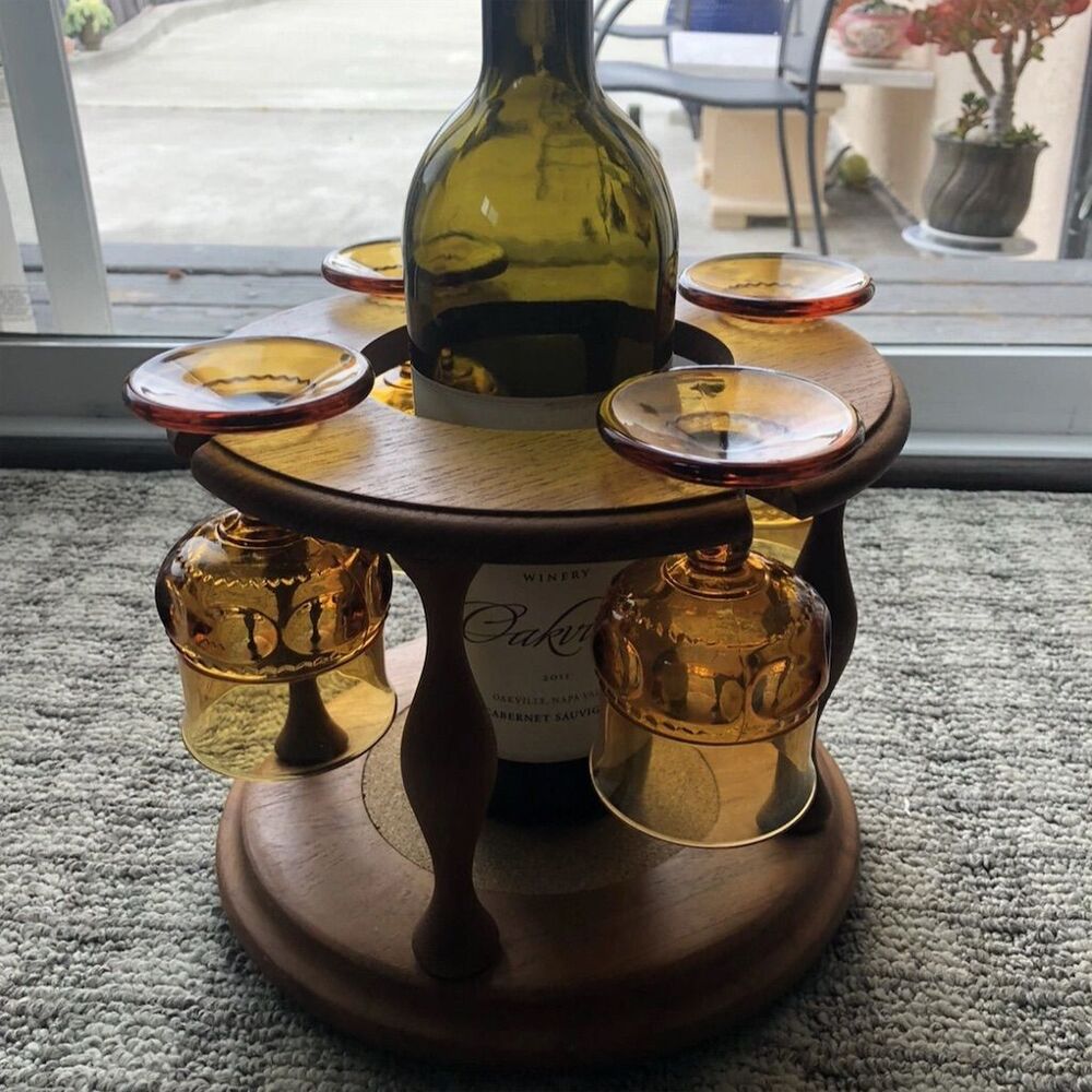 Vintage Goodwood Teak Wine Bottle Holder & Glass Caddy Brown